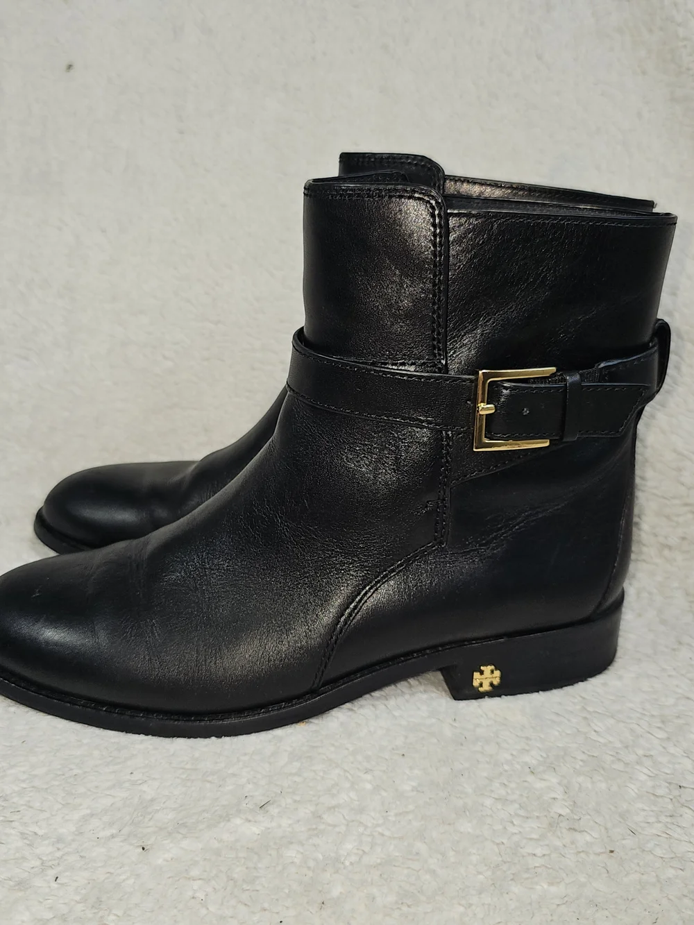 Tory Burch Black Leather Ankle Boots with Gold Buckle